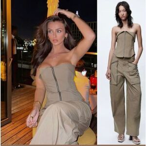 ZARA SET VIRAL ZARA TOPSTITCHED ZIPPER BUSTIER AND PANTS